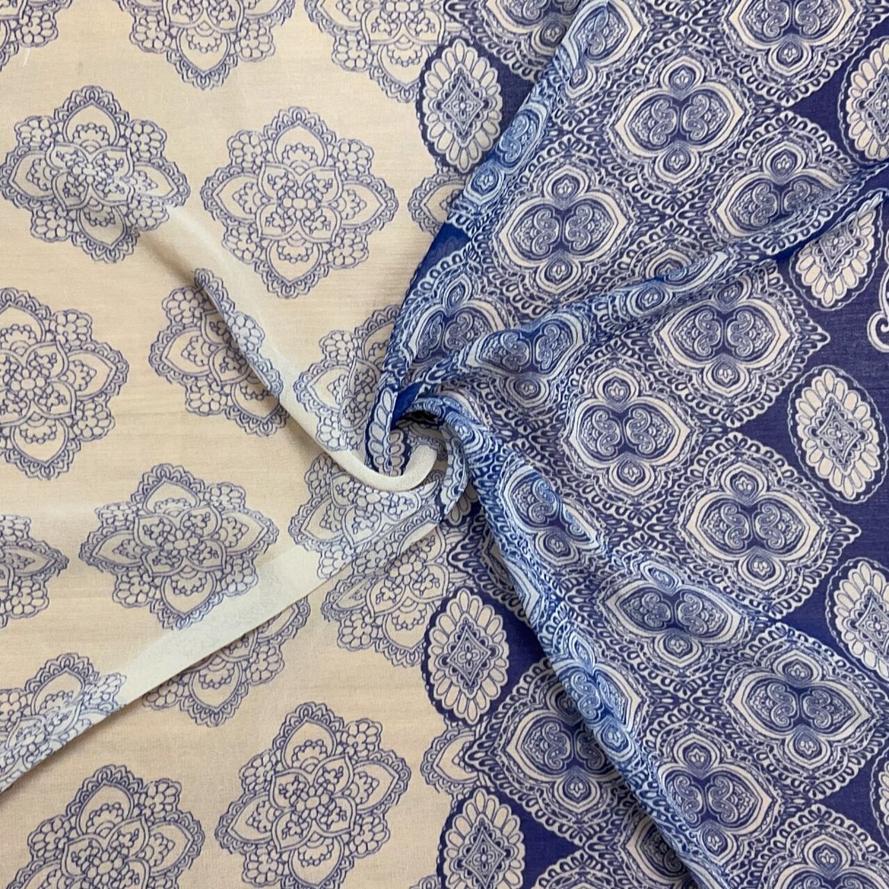 Blue-Beige Poly Paisley Printed Silky Pebble Chiffon Woven Fabric By the Yard